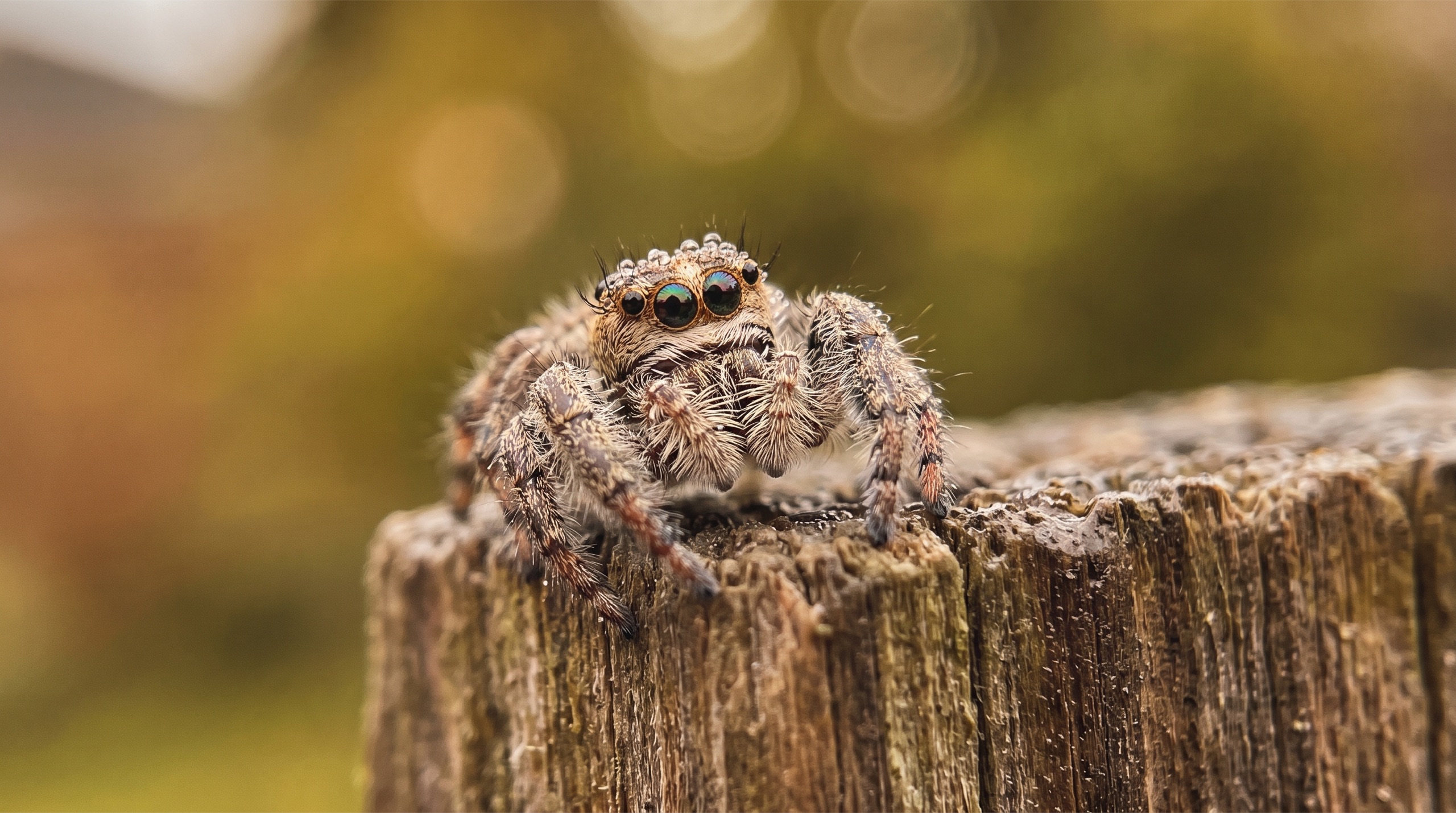 Jumping spider portrait with dew droplets on its eyes
